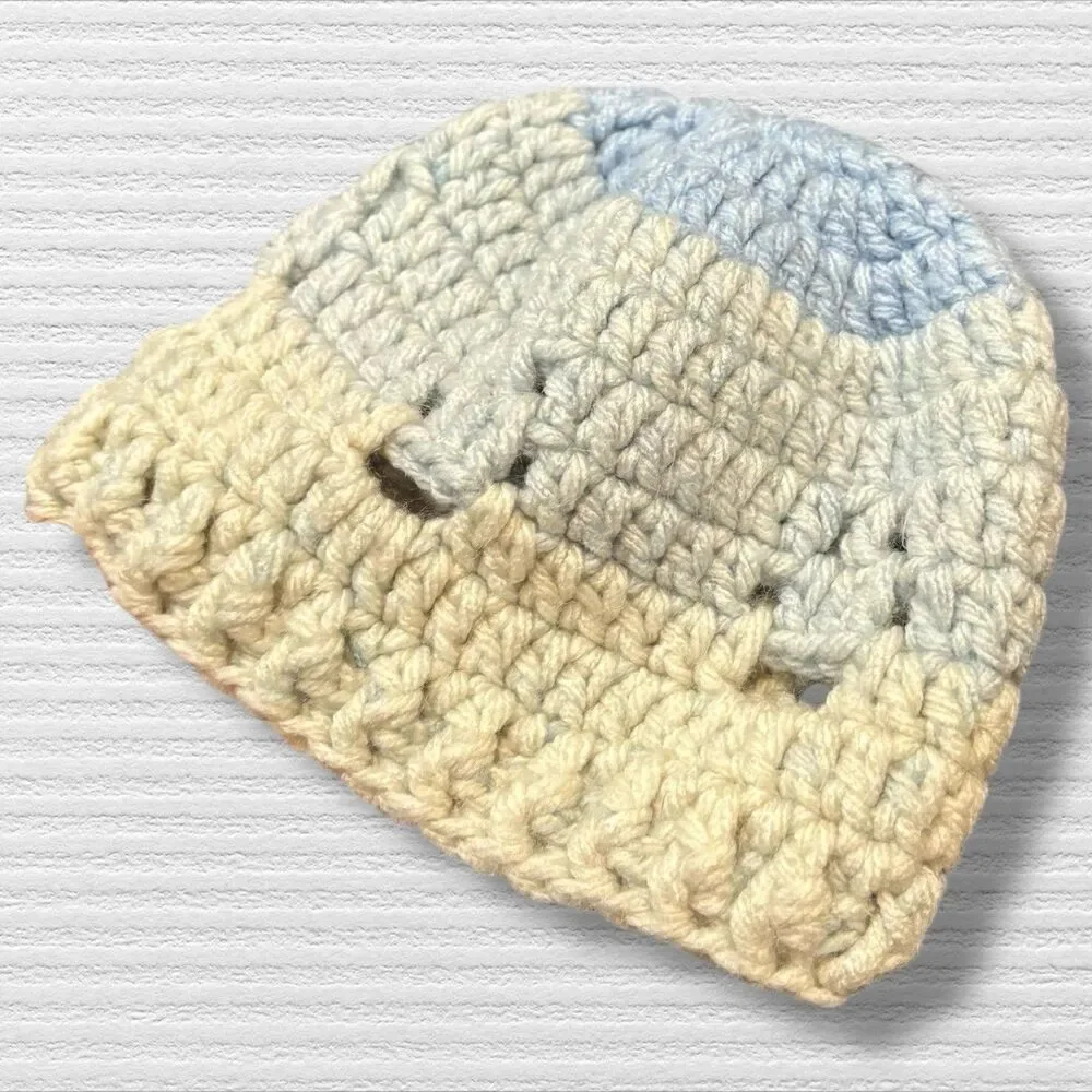Handmade Crochet Baby Beanie Hat Soft Pastel Blue Cream Knit Cap Infant Newborn